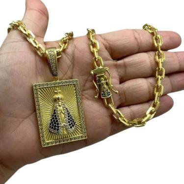 Imagem de Cordão 6Mm Cadeado + Pingente Nossa Senhora - Banhado A Ouro