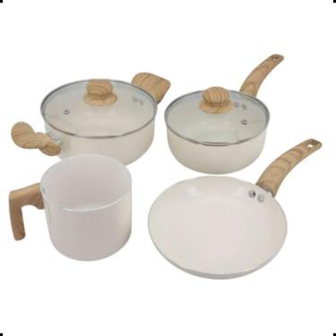 Imagem de Jogo de Panelas Cerâmica Vanilla Stone 4 Peças Antiaderente Tampa Vidr