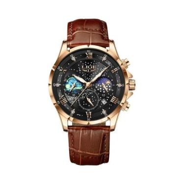 Imagem de Relógio Esportivo Masculino De Couro Genuíno LIGE 2024 Luxuoso Militar