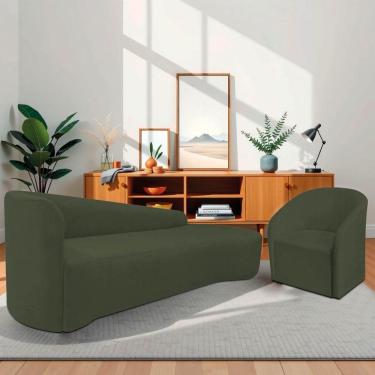 Imagem de Kit Sofá Curvo França 200cm Ld. E Poltrona Luiza Max Conforto, Elegância E Design Moderno Linho Verde
