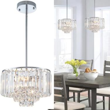 Imagem de Luzes pendentes cromadas de 28 cm, lustres de cristal modernos de 2 luzes para sala de jantar sobre mesa, lustre de banheiro redondo de 4 andares, luminárias pendentes para entrada e quarto
