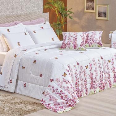 Imagem de Kit Edredom Craft Casal Queen Dupla Face 5 Peças Percal 200 Fios 100% Algodão - Estampa Borboletas