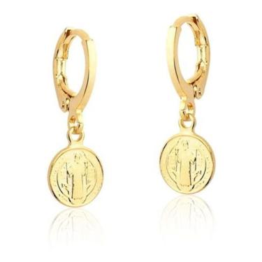 Imagem de Brinco Argola Pingente Medalha São Bento Banhado Ouro 18k - DeCastroJo