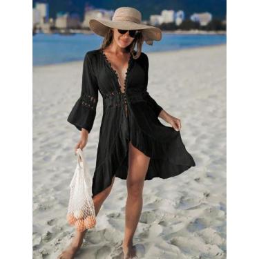 Imagem de Kimono Longo De Crochê Boho Com Amarrações Para O Verão, Saída De Prai