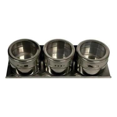 Imagem de Porta Temperos e Condimentos Magnético Inox 3 Potes Com Imã - Talberg