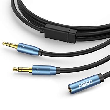 Imagem de Divisor de áudio Millso, divisor de áudio fêmea para 2 macho 3,5 mm TRS, divisor de áudio de 8 pés safira azul e banhado a ouro cabo adaptador de fone de ouvido estéreo para smartphone, computador, Mp3, fones de ouvido, alto-falantes