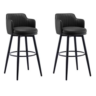 Imagem de Conjunto De 2 Bancos Bar Preto Com Encosto Cadeira Bar Giratória Ilha De Cozinha Bancos Bar Altura De Balcão, Pele Nappa Pernas Metal Preto Assento Redondo Estofado, Para Bares, Cafés, Lounges, Pubs
