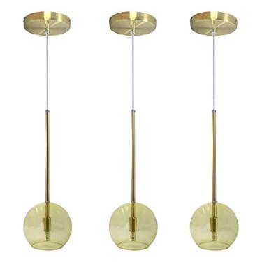 Imagem de Iluminar Ambiente Kit 3 Pendente Lux Globo Âmbar Vidro Dourado + Led