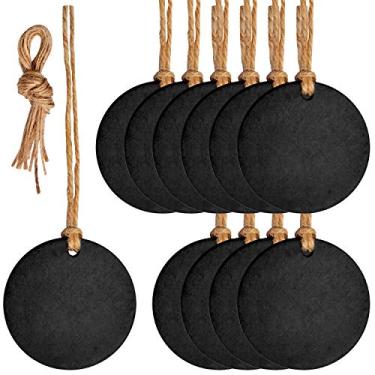 Imagem de Etiquetas de quadro-negro, 10 peças 5 cm penduradas de Natal quadro-negro redondo de dois lados com corda para sinais de mensagem, números de mesa, etiquetas de preço