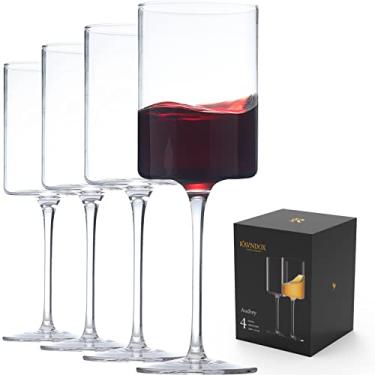 Imagem de RAVNDOX Conjunto de 4 taças de vinho quadradas, taças de vinho branco ou tinto, borda soprada à mão de 325 ml - fundo plano moderno - exclusivo para casamento, Natal, aniversário, aniversário..