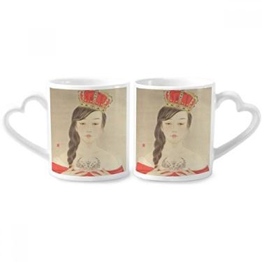 Imagem de Conjunto de canecas de porcelana para casais, aquarela, chinesas, coroa real, da beleza, coração