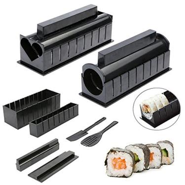 Imagem de Funnytoday365 Pacote com 10 peças kit de fabricação de sushi faça você mesmo conjunto de máquina de sushi de forma de rolo de arroz cortador de rolo ferramentas de cozinha