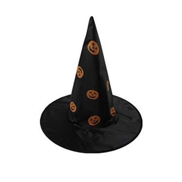 Imagem de Chapéu de bruxa infantil Bestgift chapéu de bruxo fantasia de Halloween chapéu de festa preto + abóbora