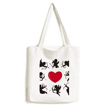 Imagem de Bolsa sacola de lona com estampa de coração vermelho anjo do Cupido bolsa de compras casual bolsa de mão