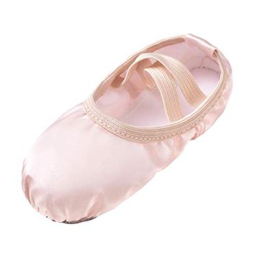 Imagem de Sapatilhas de dança de balé STELLE para meninas, chinelos de cetim, sapatilhas de ginástica, sola dividida com fita, Ballet Pink(no Ribbon), 11 Little Kid