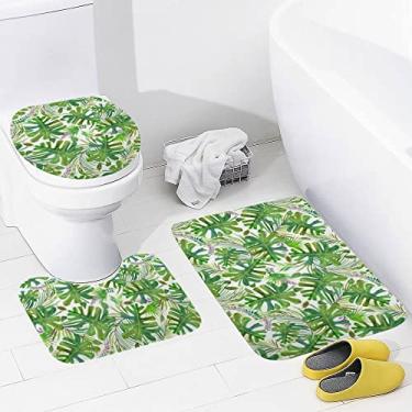 Imagem de Conjunto de 3 peças de tapetes de banheiro da natureza tropical, tapete de banheiro lavável antiderrapante, tapete de contorno e tampa para banheiro