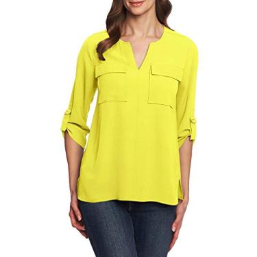 Imagem de LEKODE Women Camisetas modernas de chiffon sólido casaco de manga comprida, Amarelo, L(XL)