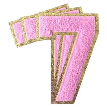 Imagem de 3 peças de remendos de número de chenille rosa glitter ferro em remendos de letras Varsity Remendos bordados de chenille costurar em remendos para roupas chapéu bolsas jaquetas camisa (rosa, 7)