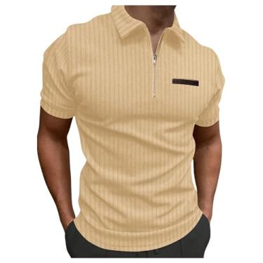 Imagem de WDIRARA Camisa polo masculina slim fit manga curta texturizada meio zíper camisa casual elegante, Caqui, G
