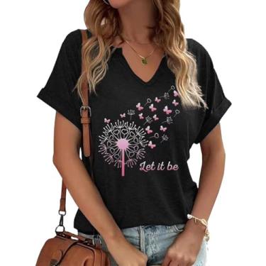 Imagem de Dandelion Shirts Camiseta feminina com gola V e girassol flores silvestres estampa casual, Preto - 6, GG