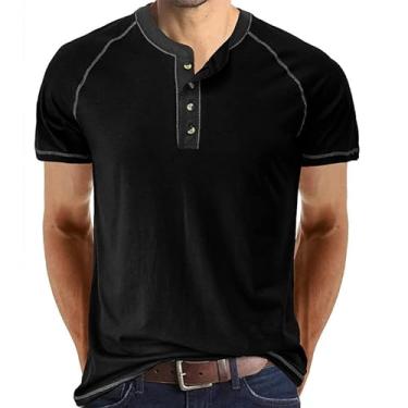 Imagem de PEHMEA Camiseta masculina clássica de botão Henley manga curta leve algodão moda casual, Preto, XXG