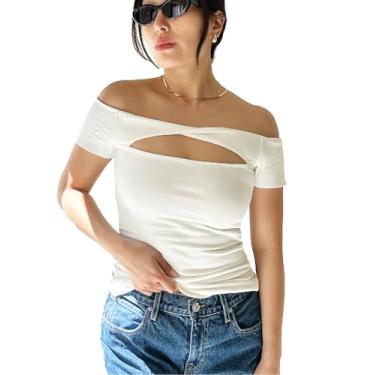 Imagem de Close Friend® Camiseta feminina de verão de manga curta com ombro de fora para sair de casa elegante, Branco, P