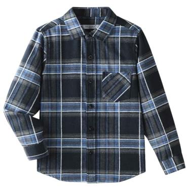 Imagem de DILBYKE Camisa masculina de botão de manga comprida casual xadrez para crianças, algodão macio, Azul marinho, 15-16 Anos