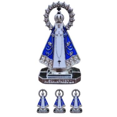 Imagem de Kit 4 Miniatura Imagem Nossa Senhora Aparecida Metal Para Painel de Carro Com Strass Autocolante (Prata Branco)