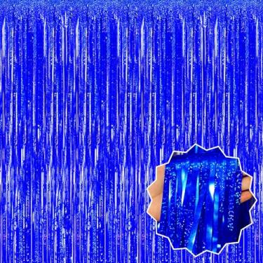 Imagem de Pacote com 3 cortinas com franja azul de 8,28 x 2,5 m, pano de fundo para cabine de fotos, aniversário, formatura, despedida de solteira, evento de celebração, decoração de festa