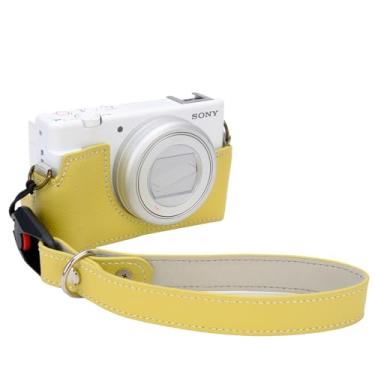 Imagem de Capa para câmera Vlog Sony ZV-1F, ZV-1 II/ZV-1M2, capa de couro legítimo feita à mão para meia câmera SonyZV-1F, ZV-1 II/ZV-1M2 versão com abertura inferior da câmera + alça de mão (amarelo)