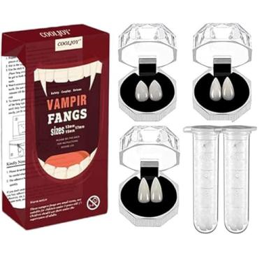 Imagem de COOLJOY 3 tamanhos de dentes de vampiro, dentes com adesivo para festa de Halloween, adereços para cosplay, adereços de dentes falsos de terror, acessórios de festa