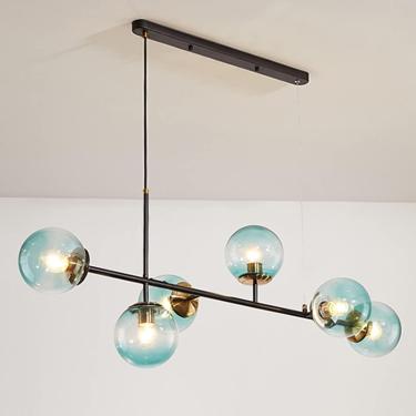 Imagem de Lustre moderno de globo de vidro com 6 luzes, lustres industriais de meados do século, luminária pendente de teto linear, luz suspensa de metal com abajur de bola de vidro para sala de estar