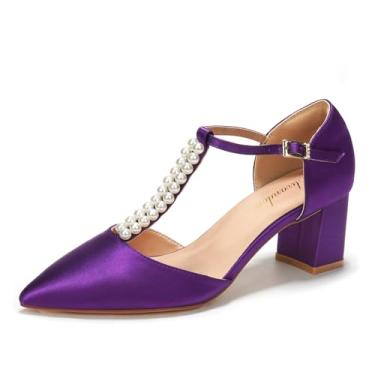Imagem de Elivandon J1587 Sandália Feminina de Cetim Bico Fino Salto Médio 6cm Bloco Dupla Pérola Tira em T Noiva Festa Casamento Cor Violeta,Tamanho BR 39/EU 41