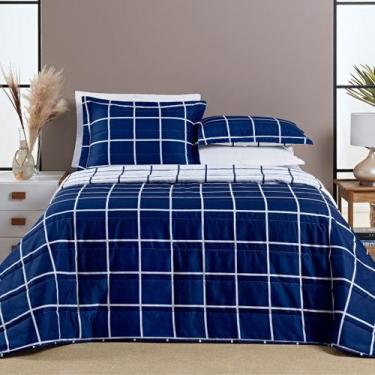 Imagem de Cobre Leito Casal Dupla Face Grid Micro Percal 200 Fios Austin 3 Pçs -