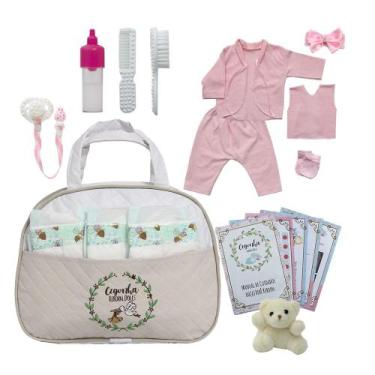Imagem de Conjunto para Bebê Reborn com Pentinho, Escova e Bolsa Maternidade Beg