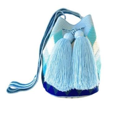 Imagem de Mochila Wayuu original para mulheres, bolsas boho colombianas, feitas à mão com borlas grandes e bonitas (média, tons azuis - média), Tons azuis - Médio, Medium