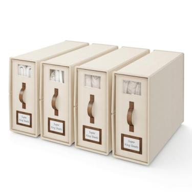 Imagem de BigPonPon Pacote com 4 organizadores e armazenamento de lençóis dobráveis (tamanho Super King), caixa de armazenamento de roupa de cama dobrável com janela, conjunto de lençóis para lençóis