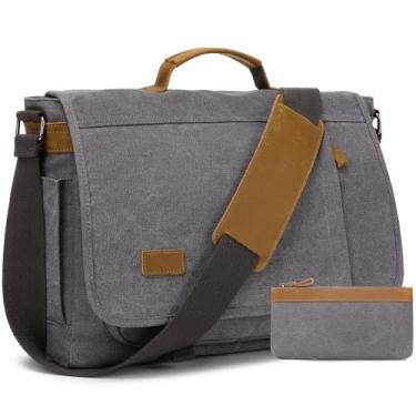 Imagem de Bolsa mensageiro masculina de 15,7 a 17,3 polegadas: 2 peças bolsa de trabalho bolsa de trabalho de lona de couro bolsa de mão, Cinza, Vintage americano