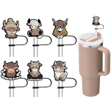 Imagem de Amreich Highland Cow Straw Topper para Stanley Cup - Capa de palha de animal fofo para amêndoa rosa 30 copos de 1,134 g acessórios de palha Stanley de 10 mm