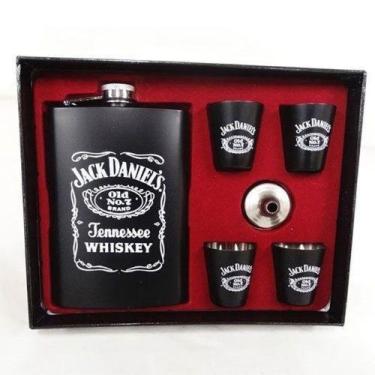 Imagem de Kit Presente Cantil Whisky Jack Daniels 270ml 4 Copos Shot - Braswu - 