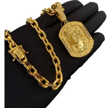 Imagem de Cordão Cadeado 8mm + Pingente Face De Jesus - Banhado a Ouro - ToJoia1