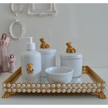 Imagem de Kit Higiene Porcelana Bebe Pote Gel Bandeja Perola Cotonete K056 - Cir