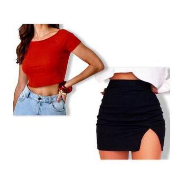 Imagem de Kit Saia Curta Justa Fenda,Croped Manga Curta - vivi rangel, Verde mil