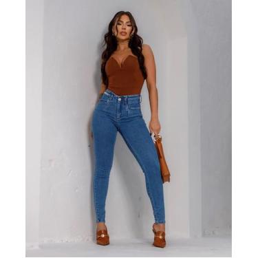 Imagem de Calça jeans skinny feminina cintura média detalhe de corrente - CONSCI