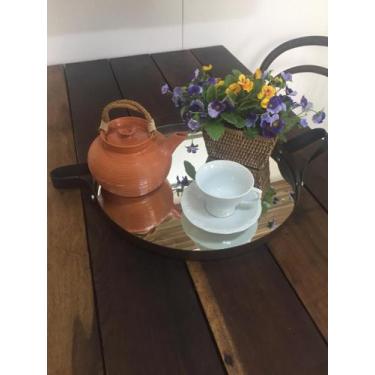 Imagem de Bandeja redonda espelhada com alça marrom 50cm - Woodglass