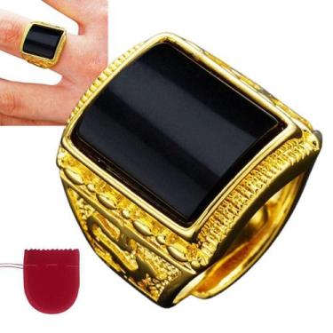 Imagem de Anel Masculino Dourado Pedra Preta Banhado Regulável - Pjk store