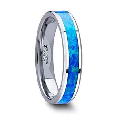 Imagem de QUASAR Aliança de casamento de metal contemporânea de tungstênio com opala verde azul embutida 4 mm de largura personalizada dentro gravada, Metal