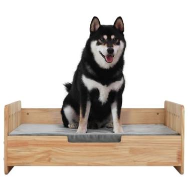 Imagem de RYpetmia Cama elevada para cães com colchão, cama de madeira elevada para animais de estimação, sofá interno para cães médios e pequenos e gatos (madeira de pinheiro)