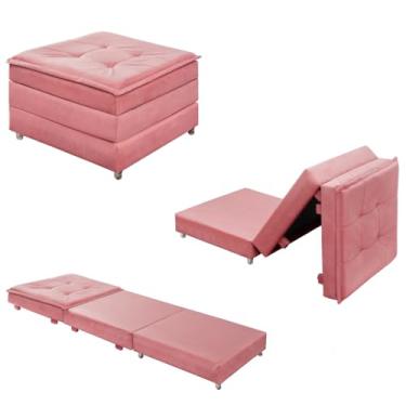 Imagem de Puff Dobrável 3 em 1 Que Se Transforma em Cama Solteiro Versátil Confortável Com Rodinhas E Bau (Rosa)