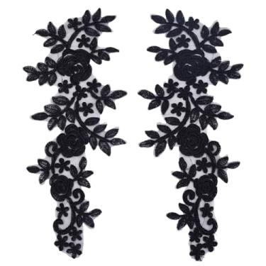 Imagem de HOBBIESAY 2 pares de apliques de renda bordado de flores preto poliéster remendo floral costura artesanato apliques de reparo para vestido de casamento, vestido de corpete, roupas artesanais DIY